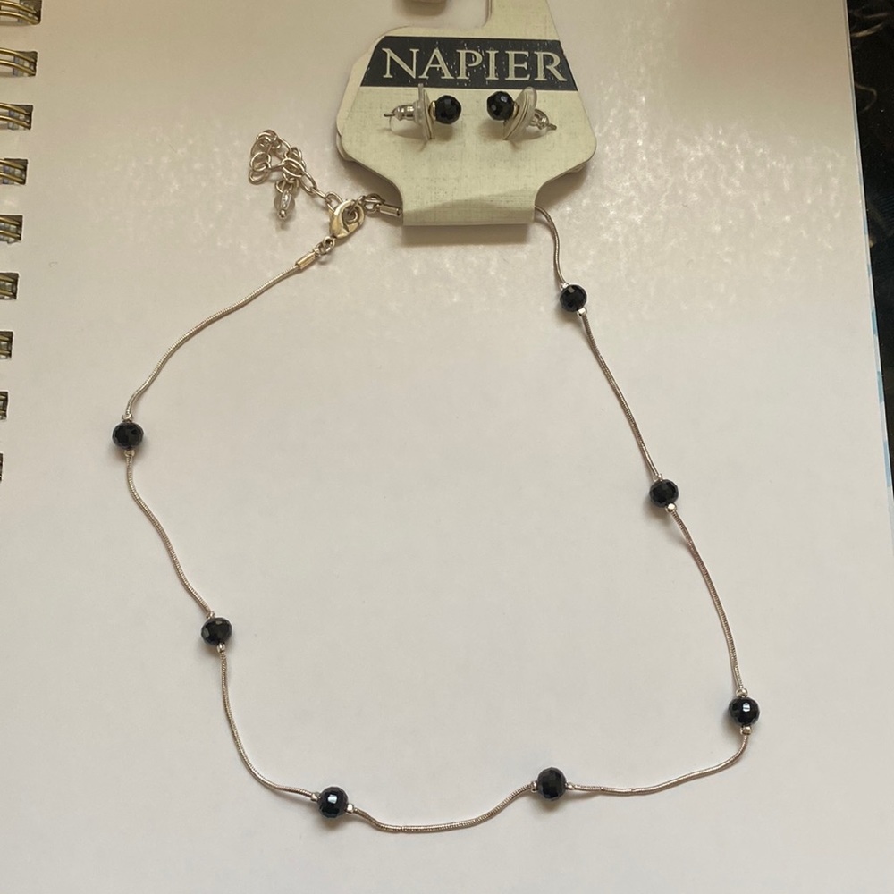 NWT Napier Silver and Black Colored Necklace and Stud Earring Set